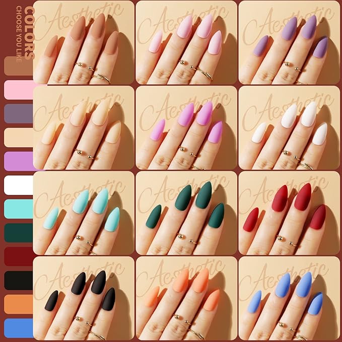 Teenitor Almond Press On Nails, 12 Color Press On Nails Almond, 288Pcs Matte Press On Almond Nails Glue On Nails Almond Shape Press On Nails Medium Length Almond Fake Nails