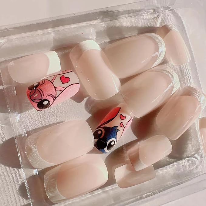 French Tip Press on Nails Short Square Cute Fake Nails with Cartoon Design French Nails Tips Full Cover Glossy Stick on False Nails for Women Party DIY Decor 24Pcs