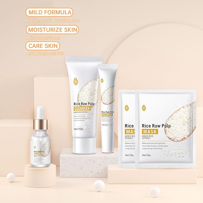 Rice Skin Care Sets For Women, 5/6Pcs Skin Care Kit, Moisturizing Skin Care Gift Set , Face Care Kit Inclusde Rice Mask, Cleanser, Toner, Lotion, Eyecream, Face Serum (5pcs Rice Raw Pulp)-VivaGrace Women