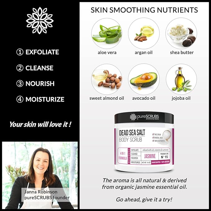 pureSCRUBS Premium Jasmine Body Scrub Set - Large 16oz Dead Sea Salt Body Scrub With Infused Essential Oils & Nutrients Includes Wooden Spoon, Loofah & Oatmeal Exfoliating Bar Soap-VivaGrace Women