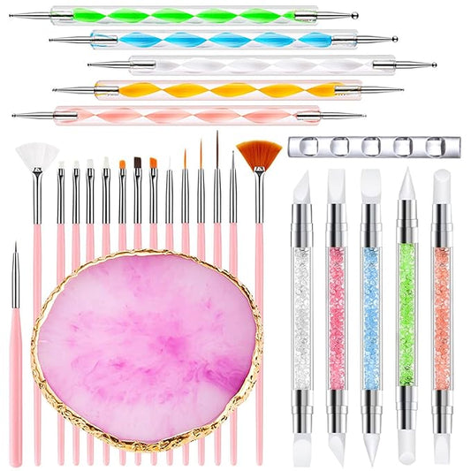 Nail Art Tools 27Pcs Set,Nail Art Brush,Resin Nail Art Palette,5 Pcs Nail Art Sculpture Pen,2-way Acrylic Silicone Engraving Pen Dotting Pen Tools Nail Art Kit for Nail Art DIY-VivaGrace Women