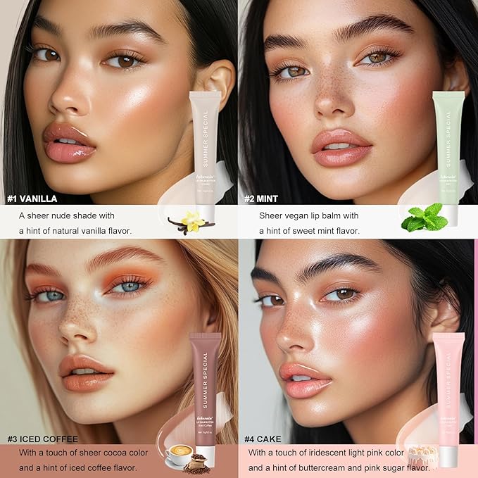 4 PCS Lip Glossy Butter Balm Set,Instant Moisture and Hydration Lip Gloss,Long-lasting Hydrating Non-Sticky Lip Balm,Soften Dry Lips and Lip Care-VivaGrace Women