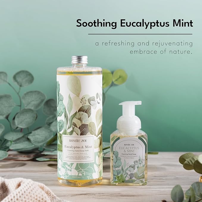 Eucalyptus & Mint Scented Foaming Hand Soap Refill Gift Set - 3 Pack with Dispenser, Non-Toxic and Biodegradable Formula, Moisturizing Essential Oils for Sensitive Skin (33.8 Fl Oz x 3)