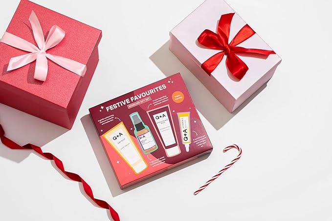 Q+A Festive Favourites Gift Set, containing a Hyaluronic Acid Moisturiser (75ml), an Oat Milk Cream Cleanser (75ml), an Azelaic Acid Serum (30ml), and a Caffeine Eye Serum (15ml)-VivaGrace Women