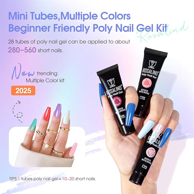 ROSALIND 28 Colors Poly Nail Gel Kit With Mini Lamp - Clear Neon Starter Kit for Beginners, Halloween, Spring, Summer With Everything-VivaGrace Women
