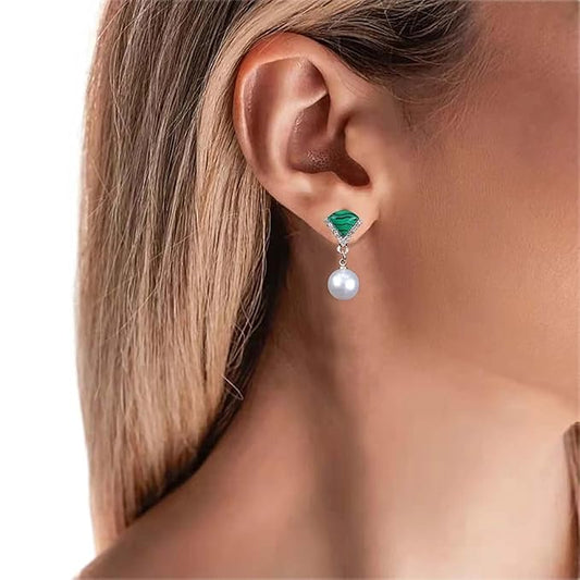 Vintage Cz Emerald Pearl Earrings Gold Pearl Drop Earrings Triangle Emerald Earrings Geometric Emerald Stud Earrings Jewelry for Women and Girls-VivaGrace Women