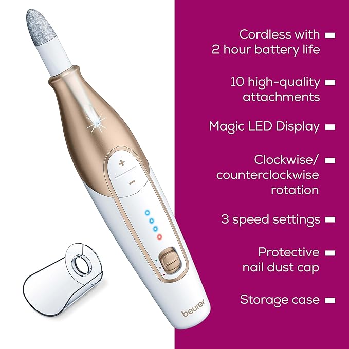 Beurer MP64 Nail Drill Kit, Cordless Electric Nail File with 10 Attachments and LED Light, Electric Manicure Set with Adjustable Speed, E-File for Manicure and Pedicure, with Storage Case-VivaGrace Women