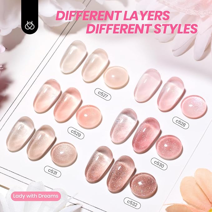 Beetles Jelly Gel Nail Polish Set - 6 Colors Nude Pink Brown Shimmer Giltter Fall Gel Polish Kit Sheer Transparent Effect Soak Off UV Lady with Dreams Collection Gift for Women-VivaGrace Women