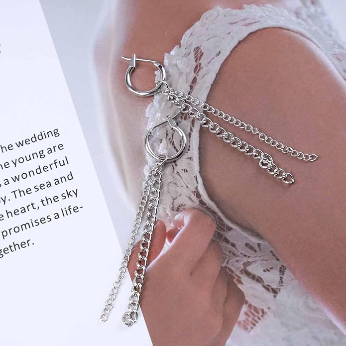 Vintage Layered Chain Dangle Earrings Long Chain Hoop Huggie Earrings Silver Curb Chain Stud Earrings Tassel Chain Drop Earrings Jewelry for Women-VivaGrace Women