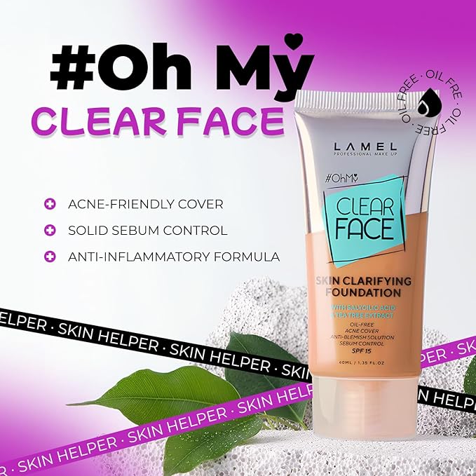 Lamel- Oh my Clear Face Foundation- SPF15-407 Meiduim Tan | Contains tea tree extract and salicylic acid |Controls sebum production |Anti-blemish formula |SPF 15 |Oil free foundation | 40ml-VivaGrace Women