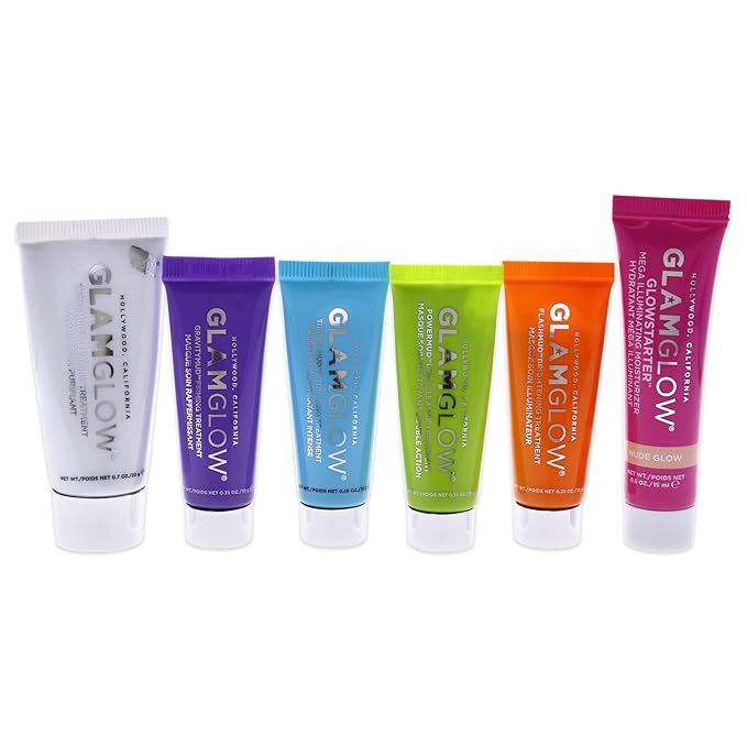 GLAMGLOW Glow Essentials Mask + Moisture Travel Set - SUPERMUD (0.7 oz), GLOWSTARTER NUDE (0.5 oz), GRAVITYMUD (0.35 oz), THRISTYMUD (0.35 oz), POWERMUD (0.35 oz) & FLASHMUD (0.35 oz)-VivaGrace Women