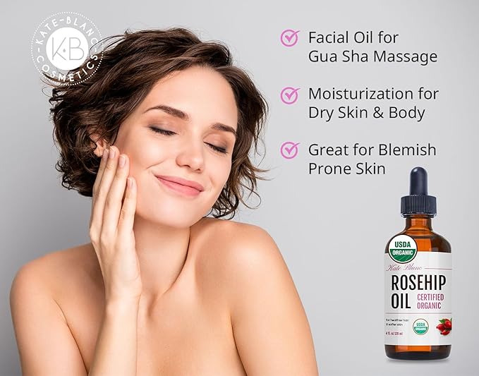 Kate Blanc Cosmetics Rosehip Oil for Face & Skin (4oz, Organic, Pure, Cold Pressed) Rosehip Seed Face Oil for Facial & Gua Sha Massage-VivaGrace Women