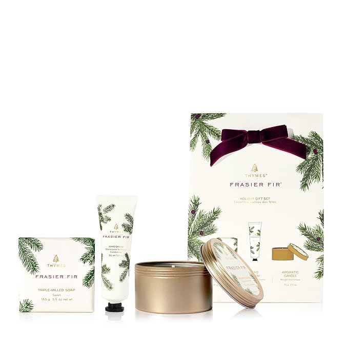 Thymes Frasier Fir Hand Cream, Travel Tin Candle Jar and Bar Soap Gift Set - Scented with Notes of Siberian Fir, Cedarwood, and Sandalwood - Luxury Home Fragrance Set - Hostess Gift for the Holidays-VivaGrace Women