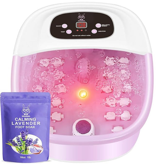 Foot Spa Bath Massager with Heat Bubbles and Vibration Massage and Jets, 16 OZ Calming Lavender Foot Soak Epsom Salt, Foot Soaker with Red Light, 22 Massage Rollers, Adjustable Temp - Pink-VivaGrace Women