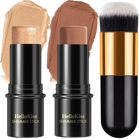 2Pcs Cream Contour Stick Makeup Kit, Cream Highlighter Stick and Bronzer Contour Stick with Longwear Waterproof Formula for Brightening and Trimming the Cheeks, Makeup Brush Include (#04, 07)-VivaGrace Women