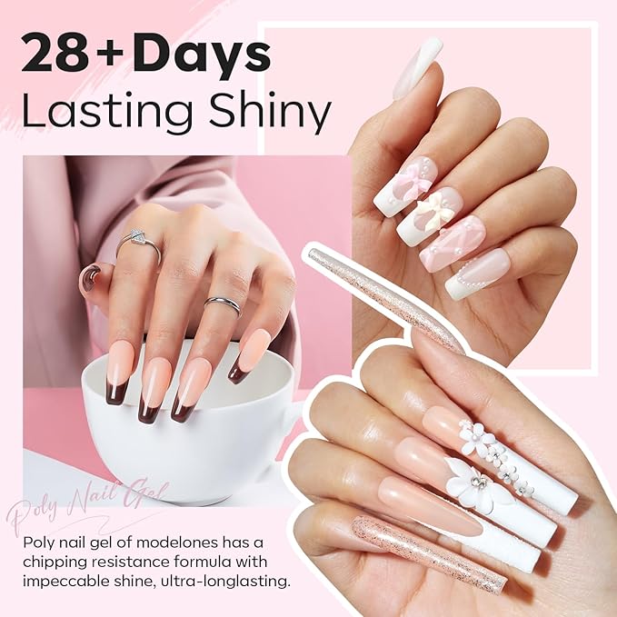 Modelones Poly Nail Gel Kit, 6 Colors Poly Extension Gel Clear Pink White with 48W U V/LED Lamp 3D Nail Charms Builder Slip Solution Complete Toe Manicure Supplies Tools for Starter-VivaGrace Women
