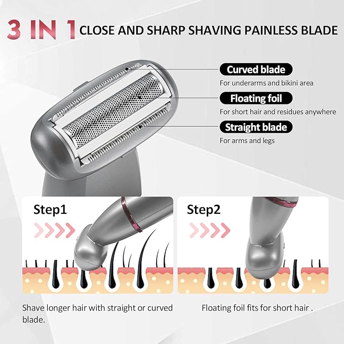 Electric Razors for Women, 3-in-1 Electric Lady Clipper Pubic Hair Trimmer-Painless Hair Removal Groomer Kit Rechargable Bikini Trimmer for Women with 3 Trimmer Heads, IPX7 Waterproof-VivaGrace Women