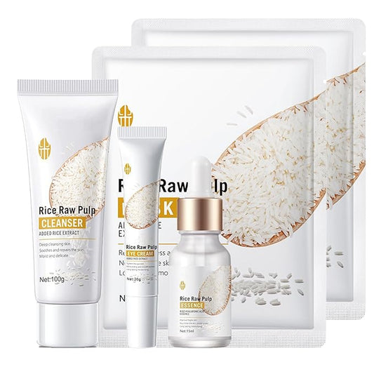 Skincare Gifts for Teenage Girls - Rice Raw Pulp Skin Care Sets & Kits - 5PCS Pamper Gifts for Women with Facial Cleanser-Eye Cream-Face Serum-Mask*2PCS - Gift Set for Firming Hydrating Skin-VivaGrace Women