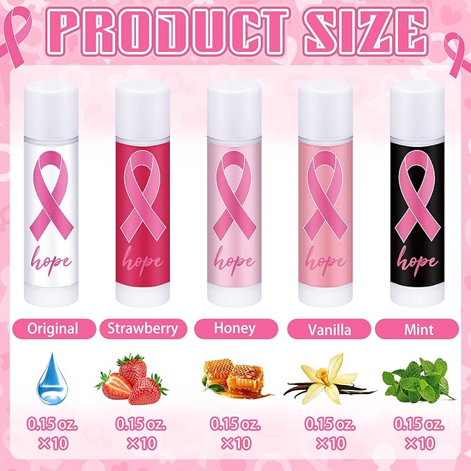 50 Pack Breast Cancer Awareness Favors Bulk Lip Balms Gifts Pink Ribbon Lip Balms Favors Breast Cancer Awareness Month Accessories Support Party Items Decorations for Women Men Survivors-VivaGrace Women
