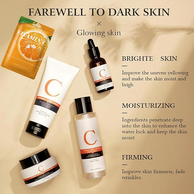 Vitamin C Skin Care Sets, 6Pcs Skin Care Products Set, Skin Care Gift Set for Women Girls, Hydrating Skincare Routine Set, Face Care Kit Includes Cleanser, Mask, Face Serum, Toner, Cream-VivaGrace Women