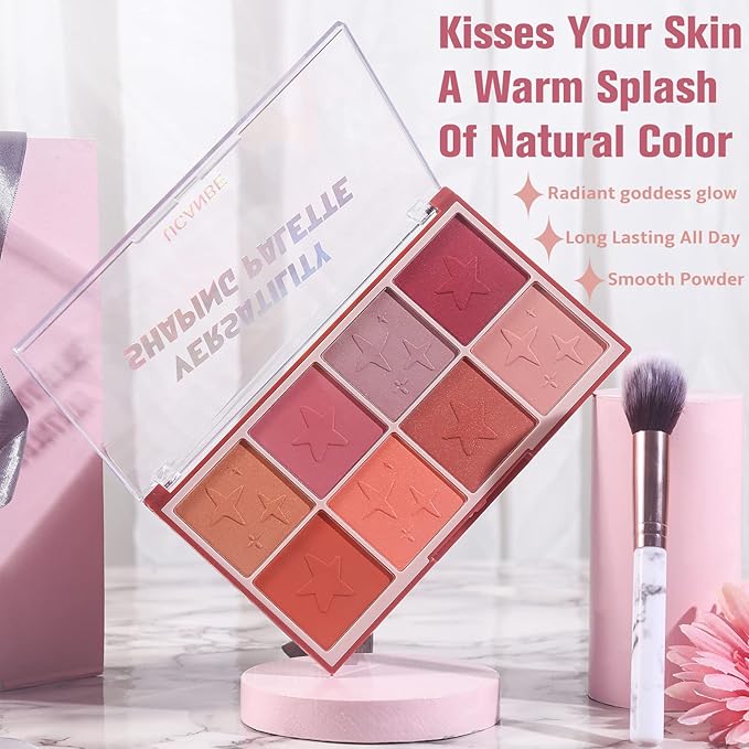 8 Colors Face Matte Blush Palette Shading Blusher with Brush - Buildable Facial Cheek Blusher Contour Bronzing Pressed Powder Makeup Pallet Women Gift Set (02 Shimmer Matte)-VivaGrace Women