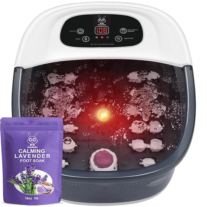 Foot Spa Bath Massager with Heat Bubbles and Vibration Massage and Jets, 16 OZ Calming Lavender Foot Soak Epsom Salt, Foot Soaker with Red Light, 22 Massage Rollers, Adjustable Temp - Grey-VivaGrace Women