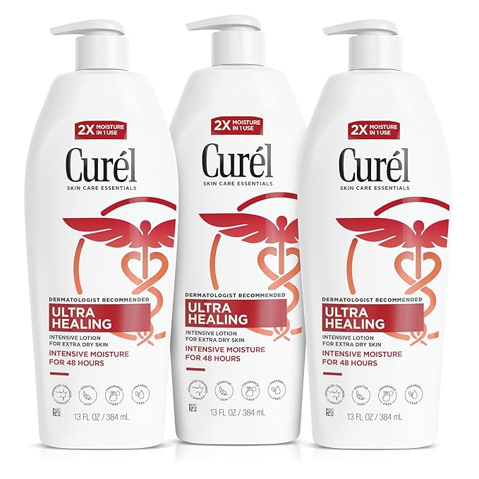 Curel Ultra Healing Intensive Fragrance-Free Lotion For Extra-Dry Skin, Dermatologist Recommended, Ideal for Sensitive Skin, Cruelty Free, Paraben Free, 13 Oz, Pack of 3-VivaGrace Women