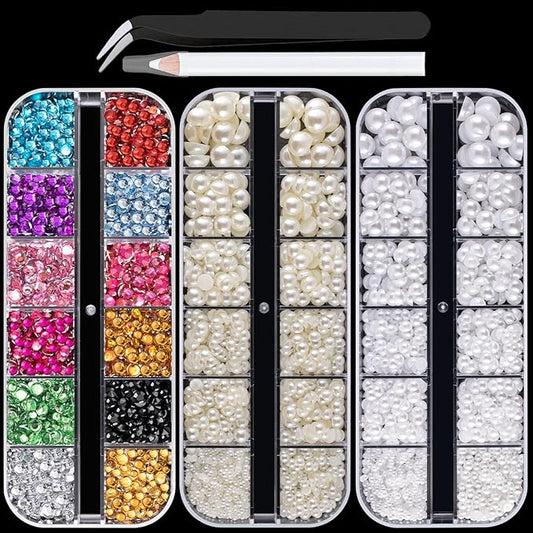 Flat Back Rhinestone+Half Round Pearl Kits Colorful Rhinestones+White+Beige Pearls With Picker Pencil And Tweezer For Home DIY And Professional Use-VivaGrace Women