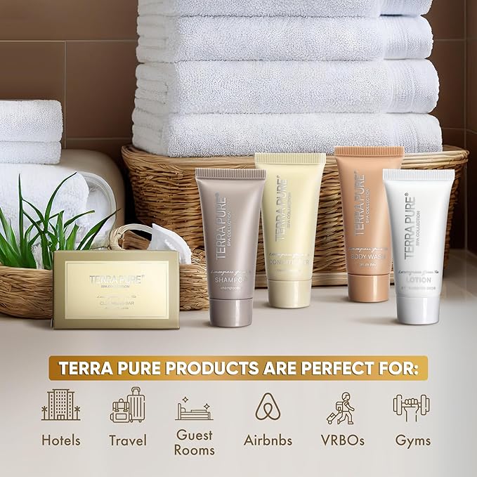 Terra Pure Spa Collection Bulk Set Toiletries | 1-Shoppe All-In-Kit Amenities for Hotels & Airbnb | 0.85 oz Hotel Shampoo & Conditioner, Body Wash, Lotion & Cleansing Bar Travel Size Tubes| 150 Pieces-VivaGrace Women