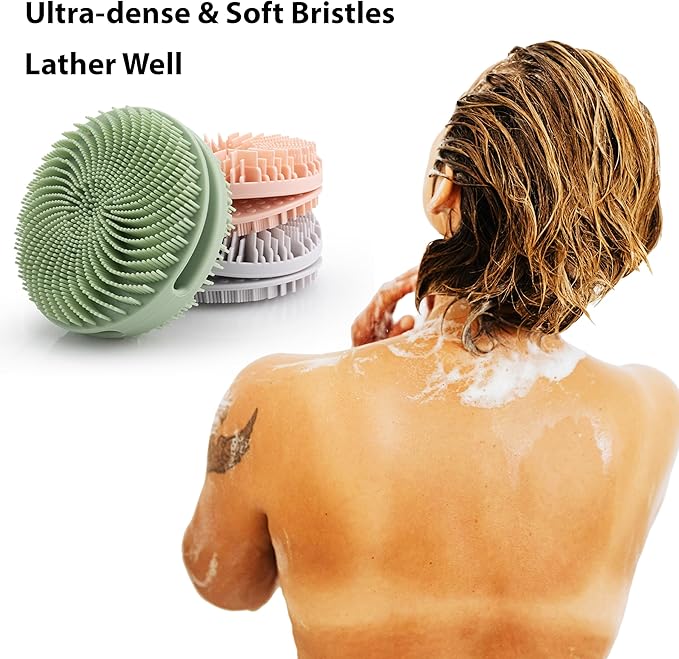 2 PC Silicone Exfoliating Body Scrubber, Silicone Body Shampoo Brush, Soft Silicone Loofah for Sensitive Skin, Shower Silicone Hair Scalp Massager, Easy to Clean, Lather Well(Gray&Green)-VivaGrace Women