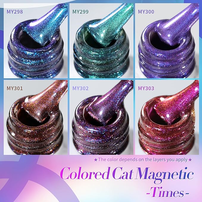 Born Pretty Magnetic Gel Nail Polish Set,Purple Blue Cat Magnetic Eye Gel Jelly Glass Crystal Magnetic Gel Polish Nail Art Manicure Kit 6PCS-VivaGrace Women