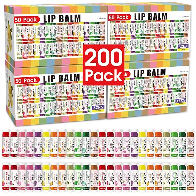 AZEN 200 Pack Lip Balm, Natural Lip Balm Bulk, Lip Care Product, Moisturizing Lip Balm for dry cracked lips - 12 Flavors-VivaGrace Women
