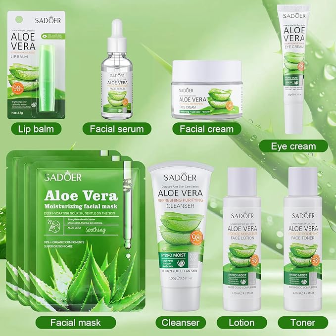 10 Pcs Skin Care Sets Face Care Set for Women Includes 1 Pcs Cleanser, Toner, Lotion, Eye Cream, Serum, Face Cream, Lip Balm and 3 Facial Masks Skincare Gift for Girls (Aloe Vera)-VivaGrace Women