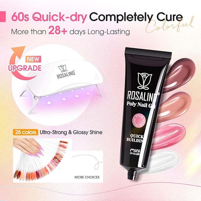 ROSALIND Poly Nail Gel Kit for Beginners - 28 Colors Extension Gel Set with UV/LED Nail Lamp, 72 Accessories (Base/Top Coat, Nail Forms, Tools), Long Lasting Salon Kit for DIY Manicure-VivaGrace Women