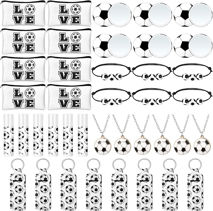 72 Pcs Sports Team Gifts Include 12 Makeup Bags 12 Lip Balm 12 Lip Balm Holder 12 Necklace 12 Adjustable Bracelet 12 Mirrors for Sports Lovers Players Party Favors (Black, Soccer)-VivaGrace Women