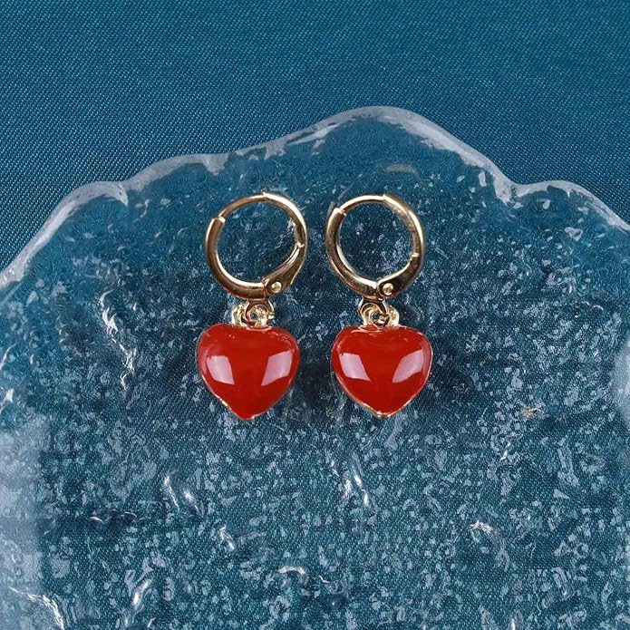 Vintage Heart Dangle earrings Red Coral Earrings Red Heart Love Huggie Earrings Gold Hoop Huggie Earrings Jewelry for Women-VivaGrace Women