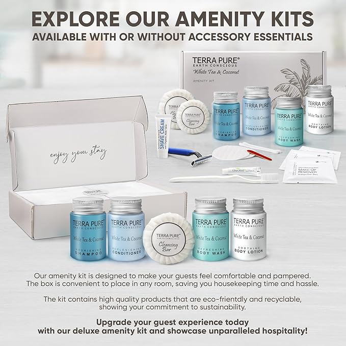 Terra Pure White Tea and Coconut Amenity Kit | Hotel Toiletries | 1oz Travel Size Shampoo, Conditioner, Lotion, Body Wash & Cleansing Bar for Guest Hospitality AirBnB/Vacation Rentals | 1 set/case-VivaGrace Women
