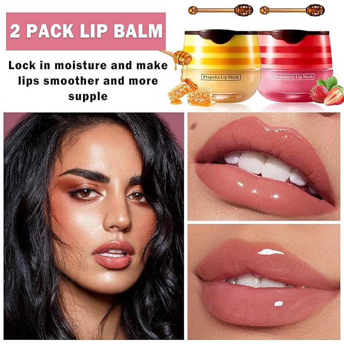 NVLEPTAP 2PCS Bee Lip Balm Honey Pot Honey & Strawberry Lip Balm Moisturizing Honey Lip Mask Lip Care Products Lip Balm with Wand-VivaGrace Women