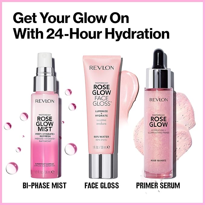 Revlon Face Primer, PhotoReady Face Gloss Rose Glow, Face Makeup for All Skin Types, Hydrates, Illuminates & Moisturizes, Infused with Glycerin & Olive Oil Extract, 80% Water, 1 Fl Oz-VivaGrace Women