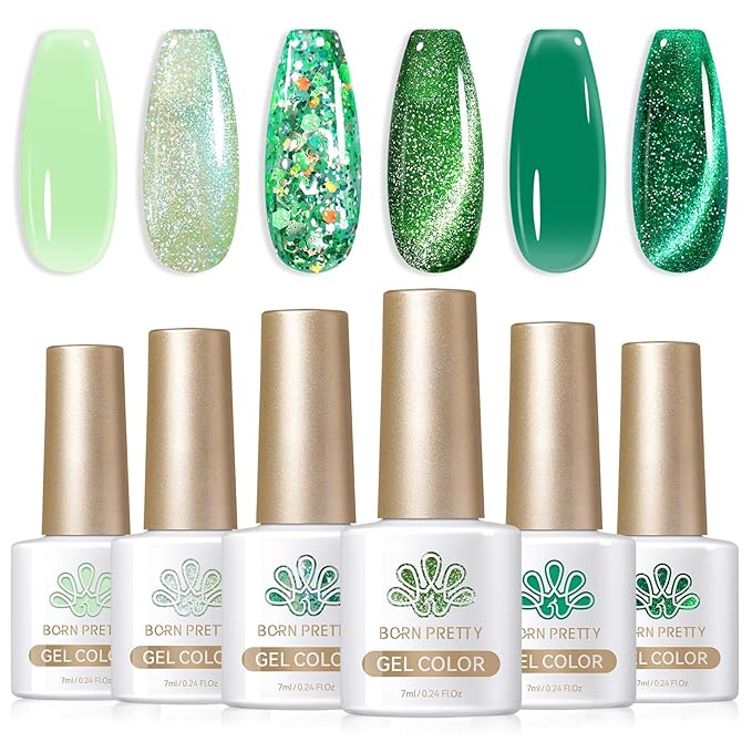 Born Pretty Gel Nail Polish Green Series,Jelly Transparent Gel Nail Polish, Cat Magnetic Eye,Shimmer Glitter Holographic Green Gel Polish Kit for Salon Manicure and Nail Art DIY at Home 6PCS 7ml-VivaGrace Women