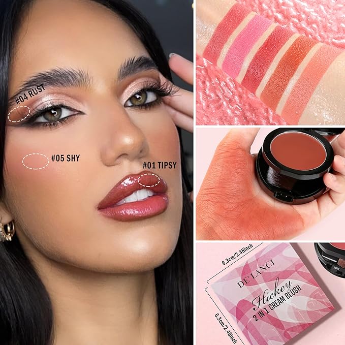 DE'LANCI 2 In 1 Cream Blush for Cheeks & Lips & Eyeshadow in a Waterproof Smooth Moisturizing Creamy Formula, Buildable Lightweight Red Blush Balm with Built-in Brush and Mirror, Easy to Use, Rust-VivaGrace Women
