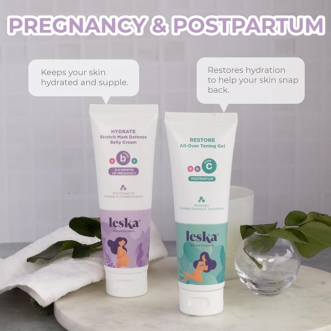 Leska Maternity Stages B & C Set | HYDRATE Belly Cream & RESTORE All-Over Toning Gel | Pregnant Moms Months 6-9 and Postpartum | Part of Complete 3-Part Maternity Skin Care System (Set of 2, 4oz each)-VivaGrace Women