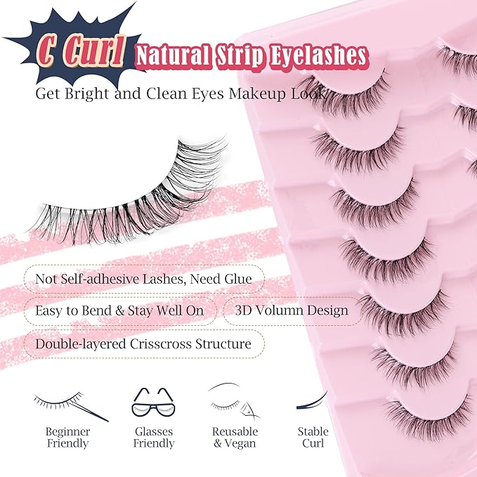 Natural Lashes False 11mm Short Eyelashes Wispy C Curl Eye Lashes Pack with Thin Cotton Band Fake Eyelash 3D Volume For Daily Siligli Lash 7 Pair-VivaGrace Women