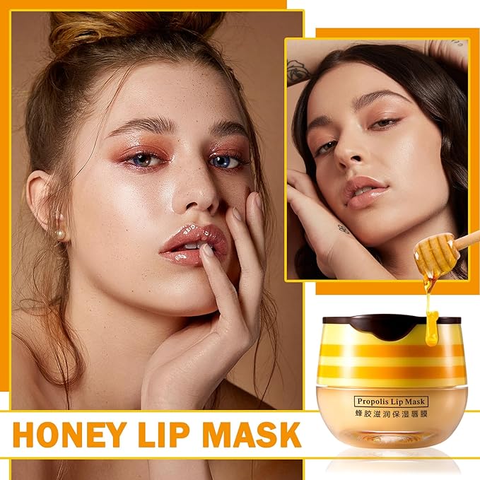 Lip Balm Honey Pot,Moisturizing Lip Balm Reduces Lip Lines,Propolis Honey Pot Lip Balm Hydrating Prevention Dry and Cracked Lip Scrubs Exfoliator,Exfoliating Lip Sleeping Mask with Brush-VivaGrace Women