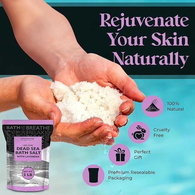 Aromasong Pure Dead Sea Salt for Soaking with 100% Natural Lavender, 5 LB - Spa Bath Salt Fine Grain - Body Wash Scrub - Soak for Women & Men- Bulk Resealable Pack (Packaging May Vary)-VivaGrace Women