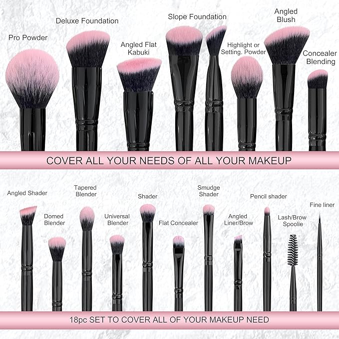 Bueart Design 18Pcs Pro Deluxe Fuchsia Pink Black Makeup Brushes set with Travel Make up Brush Holder case Foundation concealer contour Blush eyeshadow face make up brush set-VivaGrace Women