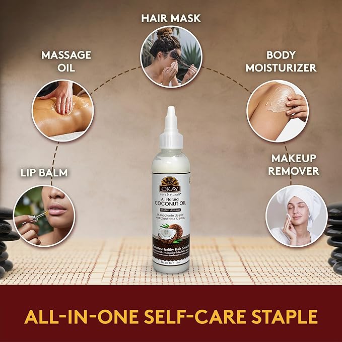 Okay 100% Pure Coconut Oil for Hair & Skin - Coconut Oil for Women & Men, Perfect for Hair & Body, for Massage & Moisturizer, Natural - 4 fl oz Squeeze Bottle (Pack of 1)-VivaGrace Women