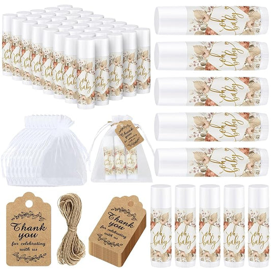 Demissle 50 Pcs Baby Shower Lip Balm Gift Set with 100 Pcs Organza Bags Baby Shower Party Favor for Guest Thank You Tag Rope Baby Shower Party Decoration Gender Reveal Souvenirs(Colorful Plants)-VivaGrace Women