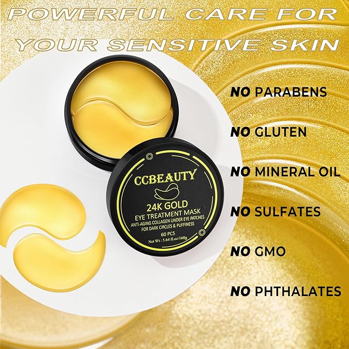 CCbeauty 24K Gold Under Eye Patches for Puffy Eyes, Dark Circles and Puffiness, Collagen Hydrating Mask Skincare, Gel Pads for Eye Bags and Wrinkles Under Eye Treatment,30pairs-VivaGrace Women