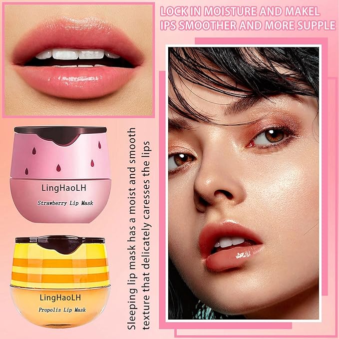 2PCS Bee Lip Balm,Hydrating Honey Pot Lip Balm with Stick,Non-Greasy Silky Sleeping Lip Mask Set,Long Lasting Lip Scrubs Moisturizer for Dry Cracked Lips（Honey ＋Strawberry）-VivaGrace Women
